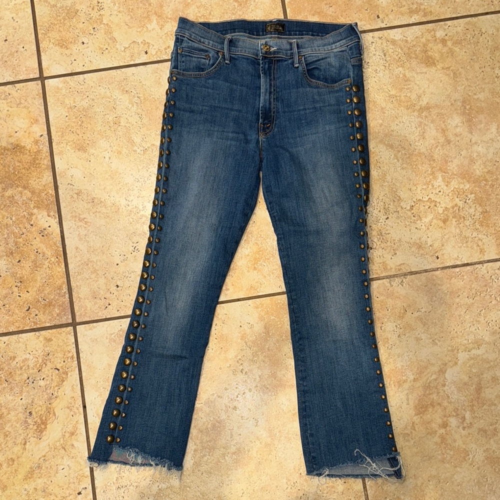 MOTHER Blue and Gold Flare Wide Leg Jeans